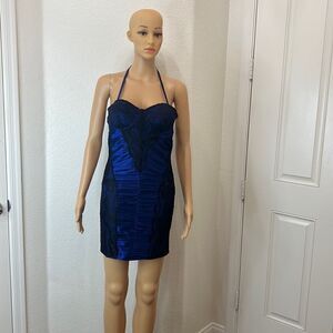 Lydia Dress Adjustable Halter Neck Sz Medium Royal Blue Black Lace Shirred Mini